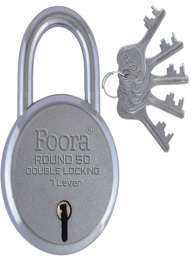 Foora Round 50mm Double Locking Padlock, 7 Lever Security Lock with 5 Keys, Silver Finish - Image 1